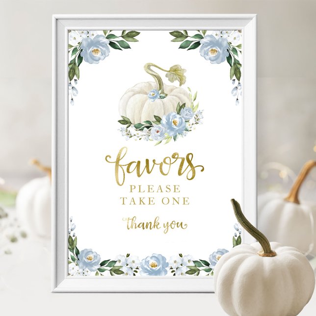 Blue Flowers Fall Pumpkin Baby Shower Favours Sign (Creator Uploaded)