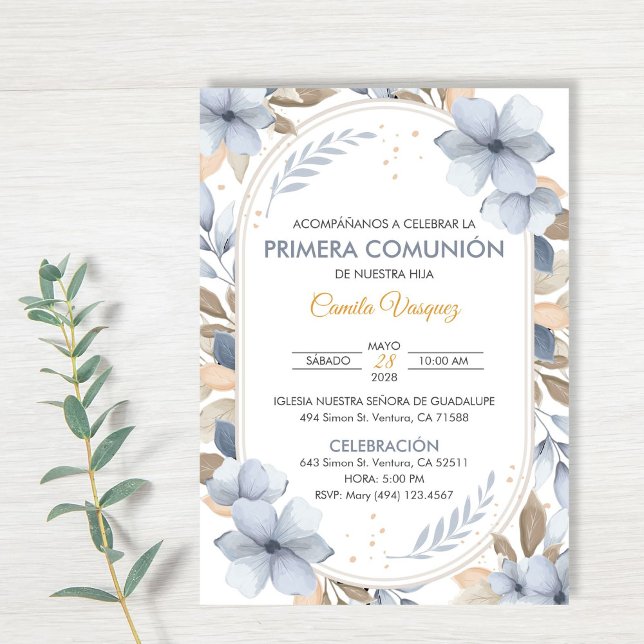 Blue Flowers First Communion in Spanish Catholic Invitation (Creator Uploaded)