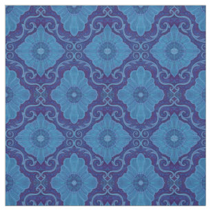 "Blue flowers” floral arabesque, handdrawn pattern Fabric