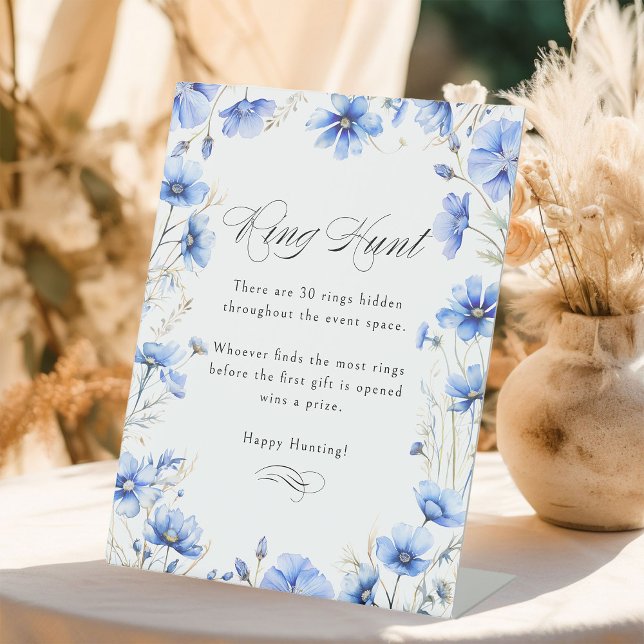 Blue Flowers Floral Bridal Shower Ring Hunt Game Pedestal Sign (Ring Hunt Game Sign with editable instructions from Something Blue Floral Bridal Shower Collection)