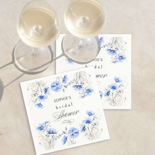 Blue Flowers Floral Frame Wedding Shower Napkin (Blue Flower and Calligraphy napkins from my Something Blue Floral Bridal Shower Collection)