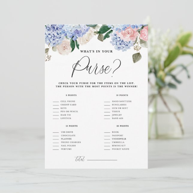 Blue Flowers Floral What's In Your Purse Game Card (Standing Front)