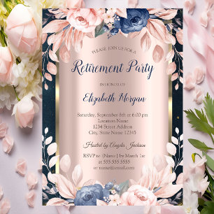 Blue Flowers,Frame Dark Blue Retirement  Invitation