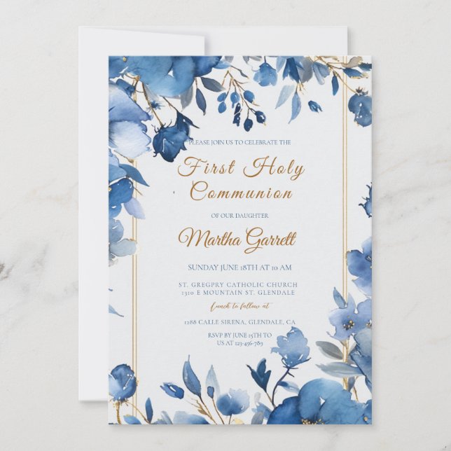 Blue Flowers Girl First Holy Communion Invitation (Front)