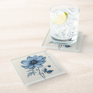 Blue Flowers, Glass Coaster, Wedding Coaster