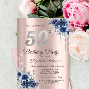 Blue Flowers Glitter Drips Rose Gold 50th Birthday Invitation