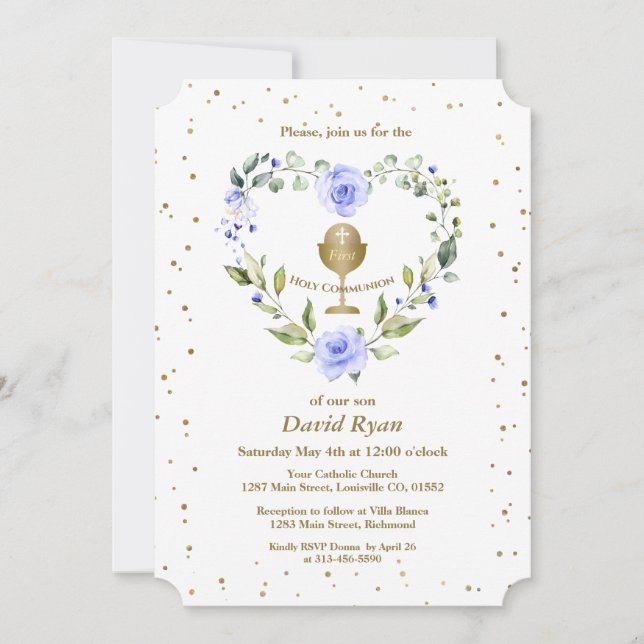 Blue Flowers Gold Chalice Boy First Holy Communion Invitation (Front)