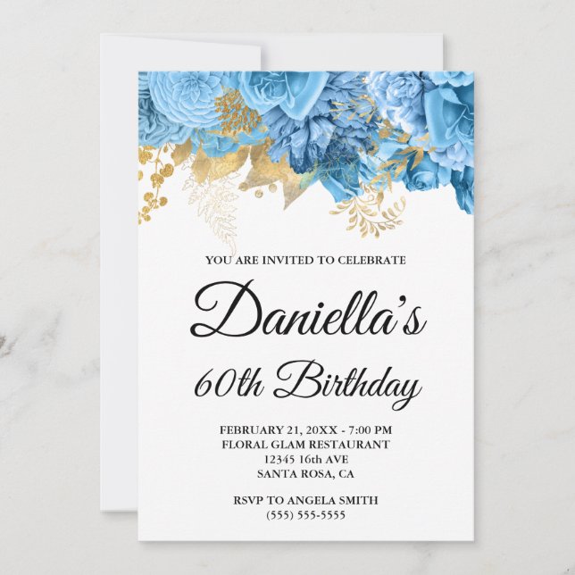 Blue Flowers Gold Foil Glam 60th Birthday Invitation (Front)
