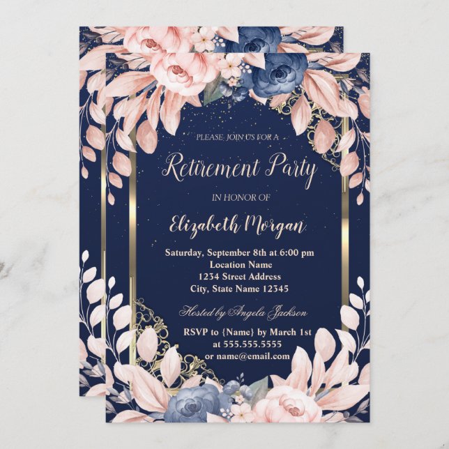 Blue Flowers Gold Frame Navy Blue Retirement  Invitation (Front/Back)