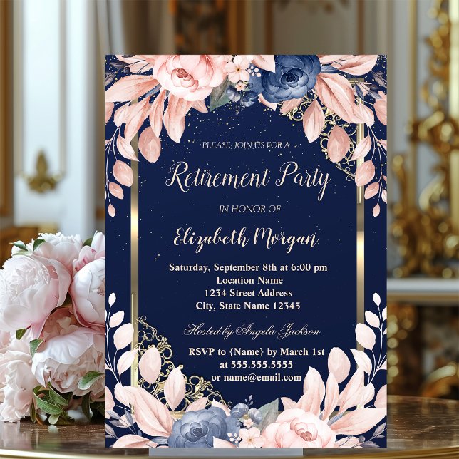 Blue Flowers Gold Frame Navy Blue Retirement  Invitation (Creator Uploaded)