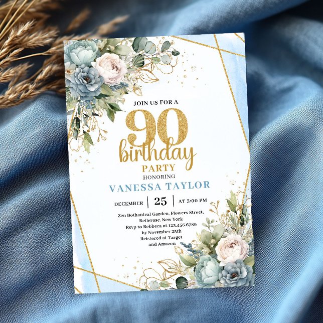 Blue Flowers Gold Glitter 90th Birthday Invitation (Blue Flowers Gold Glitter 90th Birthday Invitation)