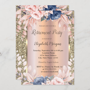 Blue Flowers Gold Glitter Rose Gold Retirement Invitation