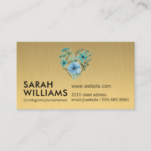 Blue Flowers Gold Metallic Business Card