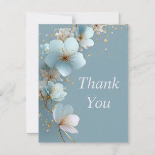 Blue Flowers & Gold on Grey Blue Thank You Card