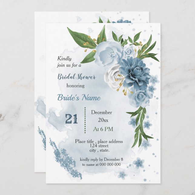 blue flowers & green leaves bridal shower invitation (Front/Back)