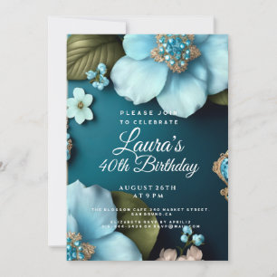Blue flowers green leaves gold glitter Birthday Invitation