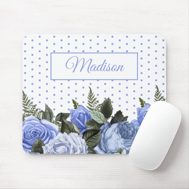 Blue Flowers Green Leaves Monogram White Polka Dot Mouse Pad (With Mouse)