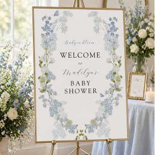 Blue Flowers Greenery Baby Shower Welcome Sign