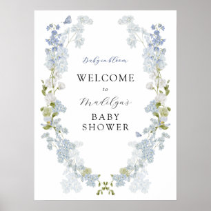 Blue Flowers Greenery Baby Shower Welcome Sign
