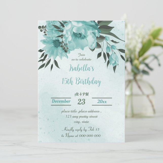  blue flowers greenery botanical birthday invitation (Standing Front)