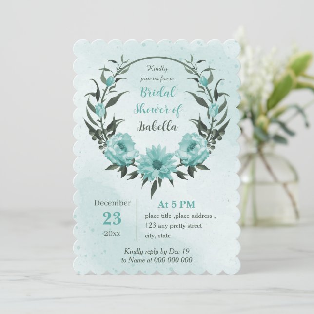  blue flowers greenery botanical bridal shower invitation (Standing Front)