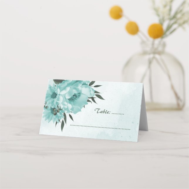  blue flowers greenery botanical wedding place card (Front)