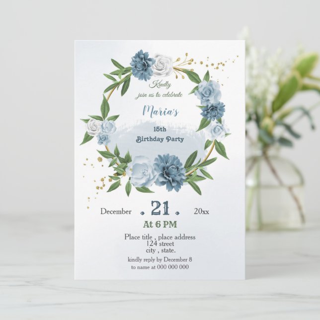 blue flowers greenery botanical wreath birthday invitation (Standing Front)