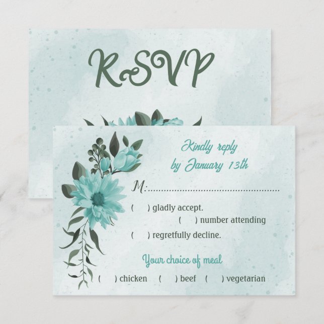  blue flowers greenery meal choice RSVP card (Front/Back)