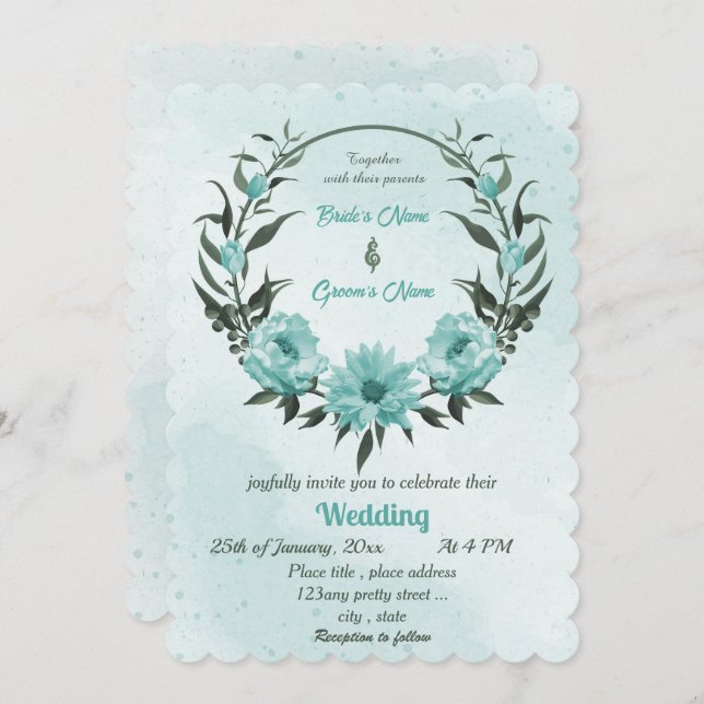  blue flowers greenery wedding  invitation (Front/Back)
