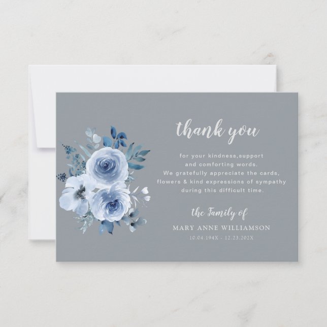 blue flowers grey funeral thank you note card (Front)