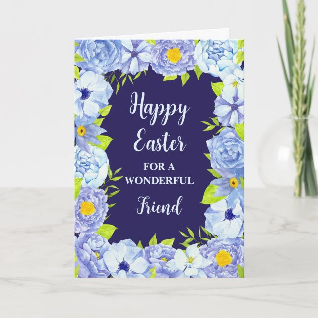 Blue Flowers Happy Easter Friend Holiday Card (Front)