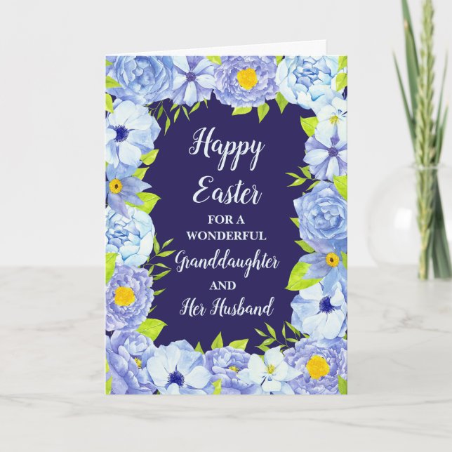 Blue Flowers Happy Easter Granddaughter & Husband Holiday Card (Front)