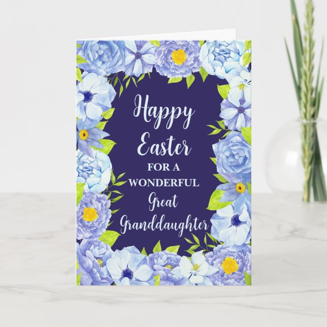 Blue Flowers Happy Easter Great Granddaughter Holiday Card (Front)