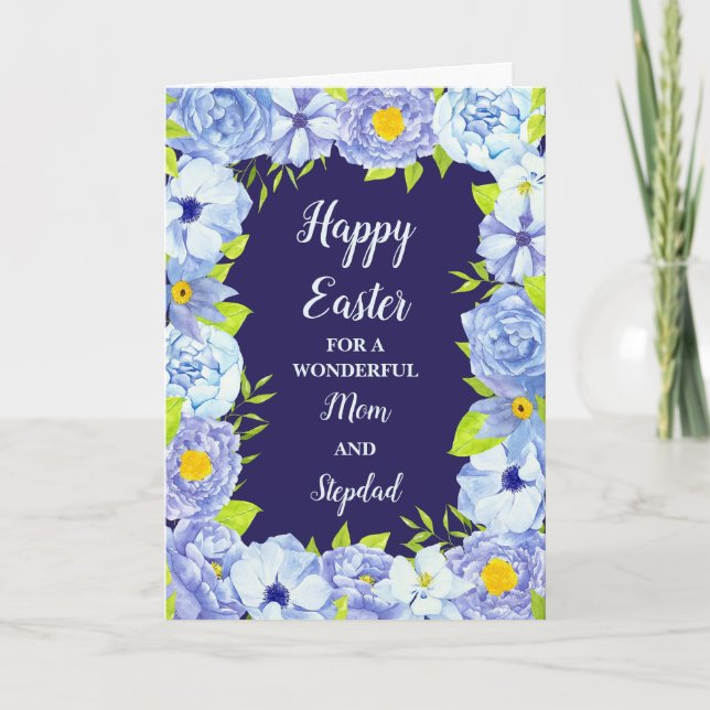 Blue Flowers Happy Easter Mum and Stepdad Holiday Card (Front)