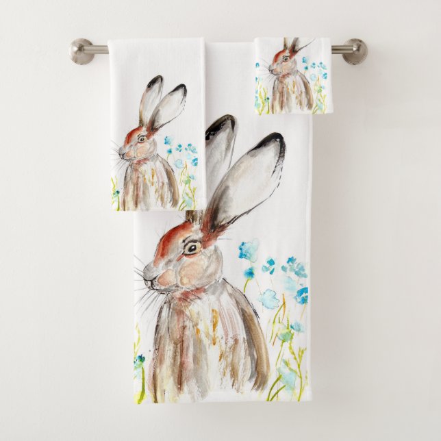 Blue flowers Hare Rabbit Wildflowers Watercolor Bath Towel Set (Insitu)