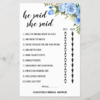 Blue Flowers He said She said Shower game card