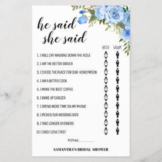 Blue Flowers He said She said Shower game card