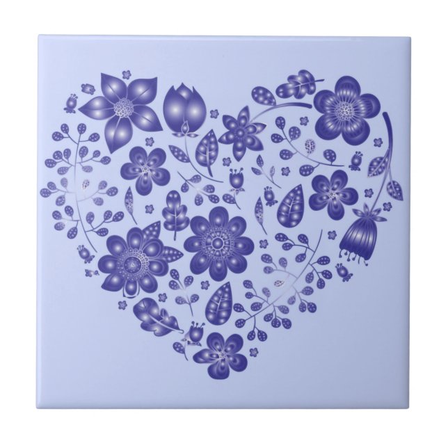 Blue Flowers Heart - Drawing Art Collection Tile (Front)