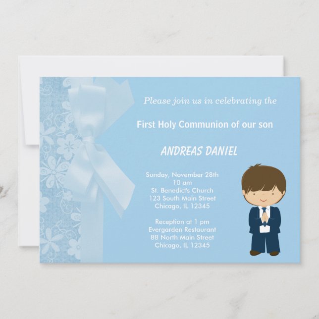 Blue Flowers Holy Communion Invitation (Front)