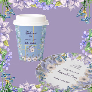 Blue Flowers Hydrangea Purple Lilac Baby Shower  Paper Cups