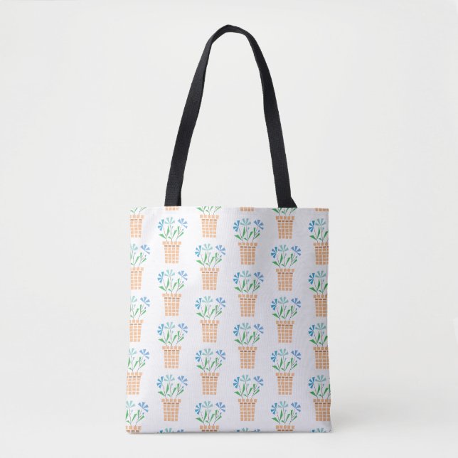 Blue Flowers in Woven Pots Tote Bag (Front)