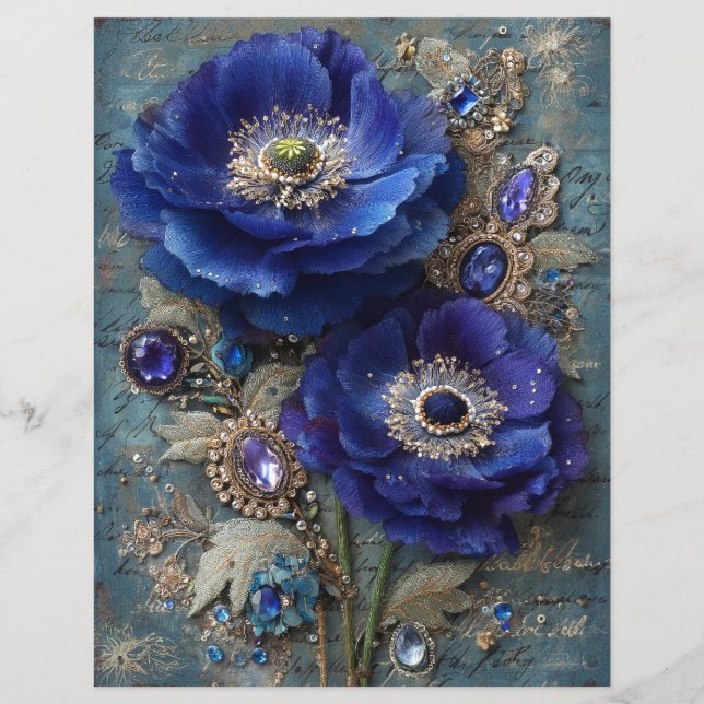 Blue Flowers Junk Journal Scrapbook Paper (Front)