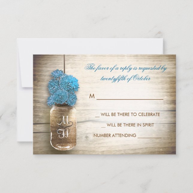 blue flowers mason jar wedding RSVP cards (Front)