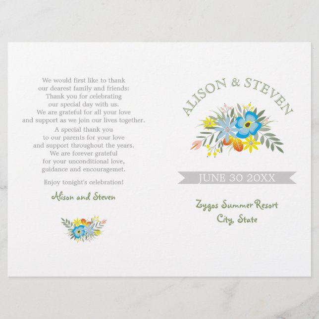 Blue flowers modern floral wedding program (Front)