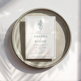 Blue Flowers Modern Minimalist Wedding Invitation