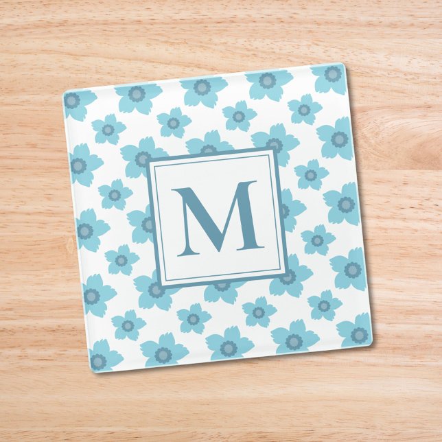 Blue Flowers Monogram Initial  Glass Coaster (Creator Uploaded)