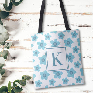 Blue Flowers Monogram Initial Tote Bag