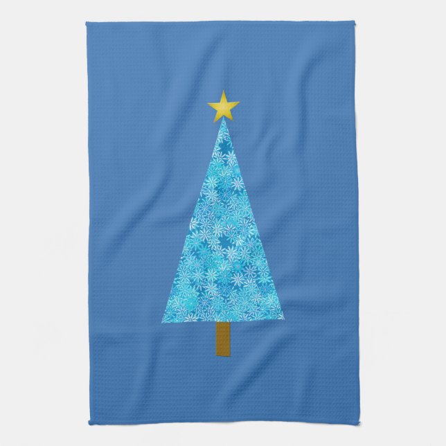 Blue flowers on a modern Christmas tree Tea Towel (Vertical)
