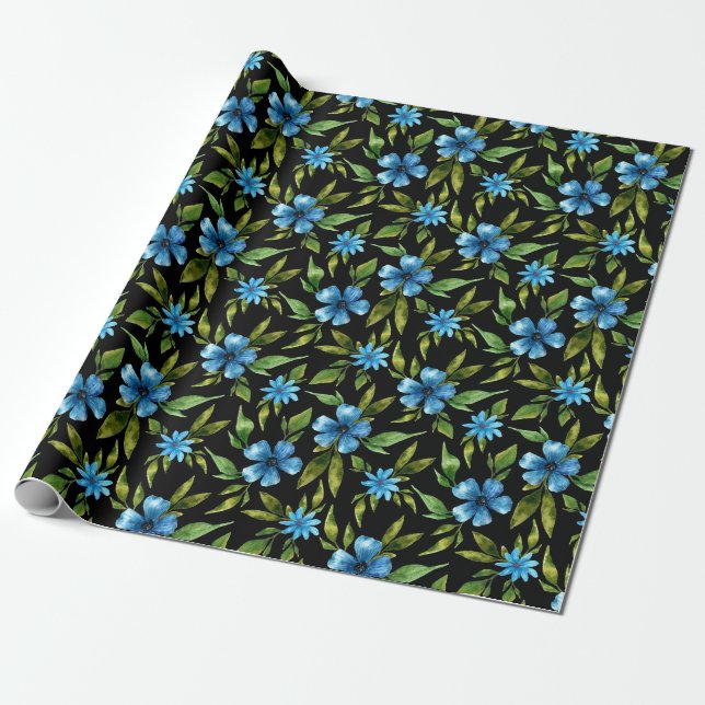 Blue Flowers on Black Wrapping Paper (Unrolled)