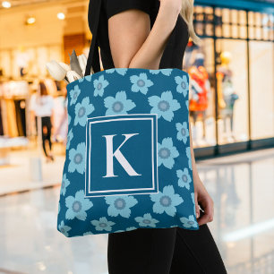 Blue Flowers On Blue Background Monogram  Tote Bag